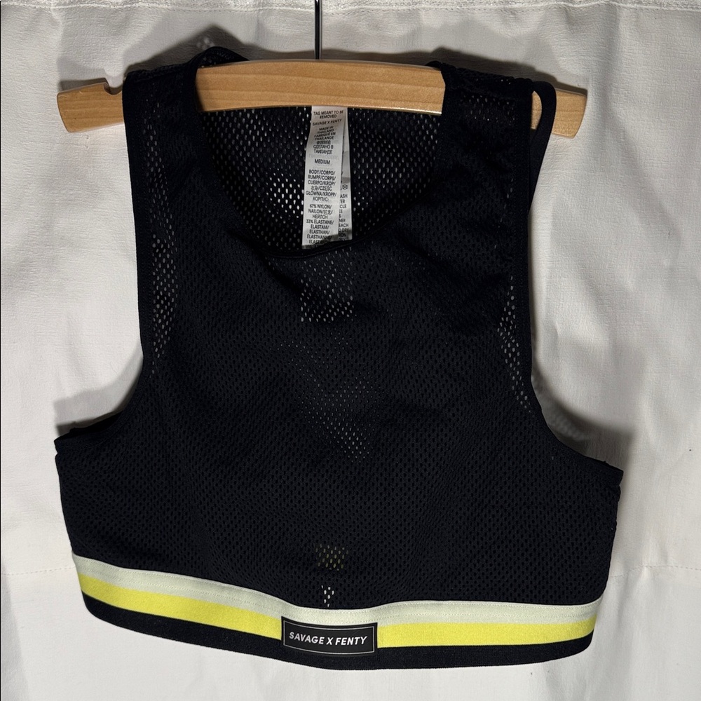 Savage X Fenty Mesh Sports Bra Crop Top | Black & Neon Yellow | Size M